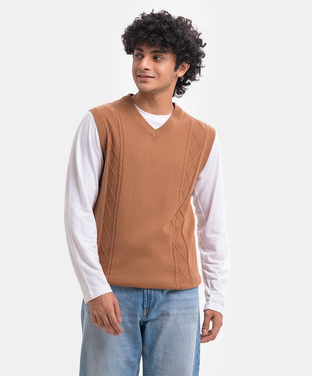 Brown Cotton-Blended Knit Sleeveless Sweater Vest