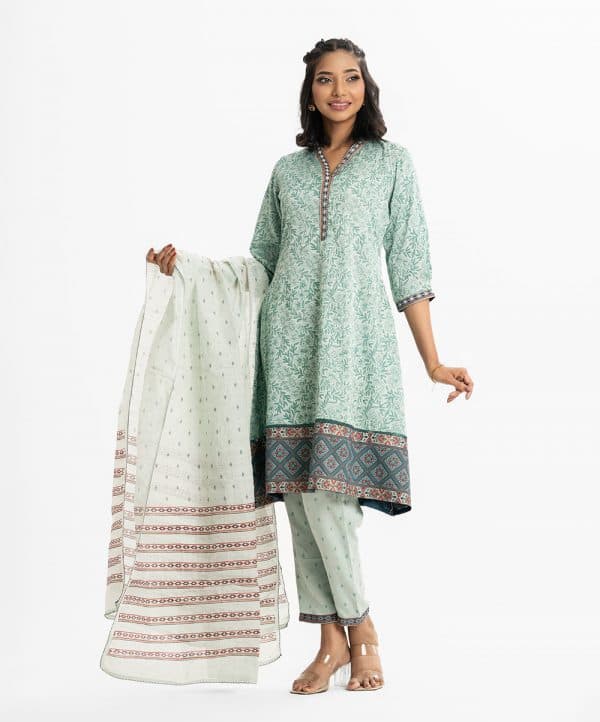 Printed A-line salwar kameez in crepe fabric. Patch attach at V-neck, three-quarter sleeves cuff and hem of kameez. Half-silk dupatta with pant-style pajamas.