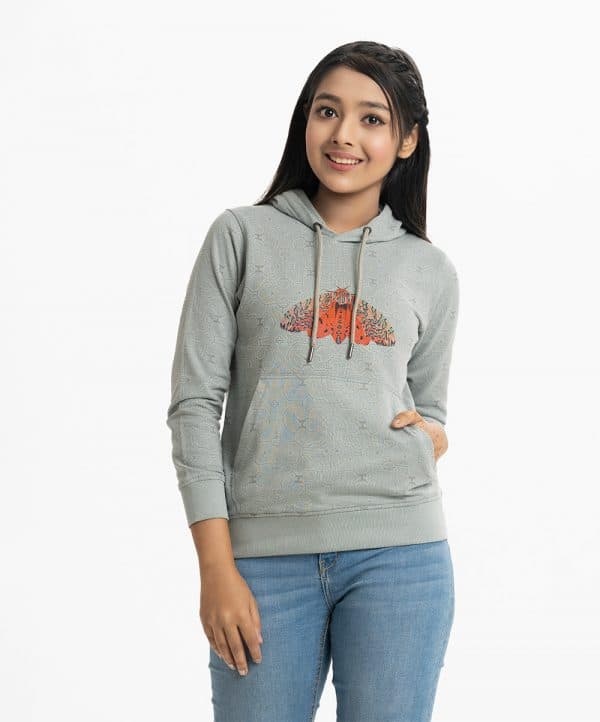 Teen girls printed hoodie sweat shirt in french terry fabric.. Adjustable drawstring at hood. Full sleeves. butterfly print at the front.