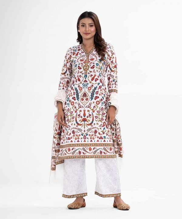 Women's printed straight salwar kameez in blended cotton fabric. V-neck, karchupi details at long-sleeved and hemline. Complemented with palazzo pant and half-silk dupatta.