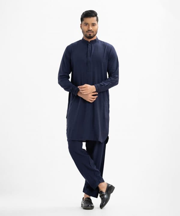 Men's solid color kabli panjabi set in viscose fabric. Mandarin collar with metal buttons placket with two pockets kabli suit and pajama set.