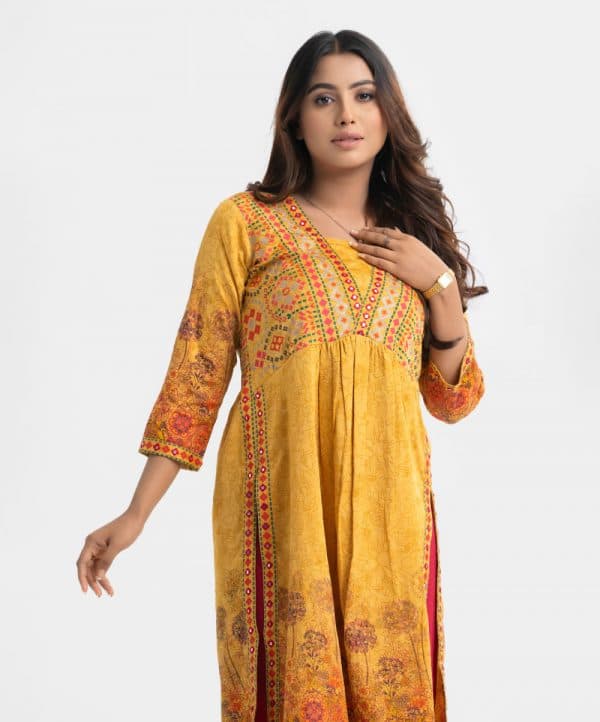 Yellow Cotton A-line Kameez